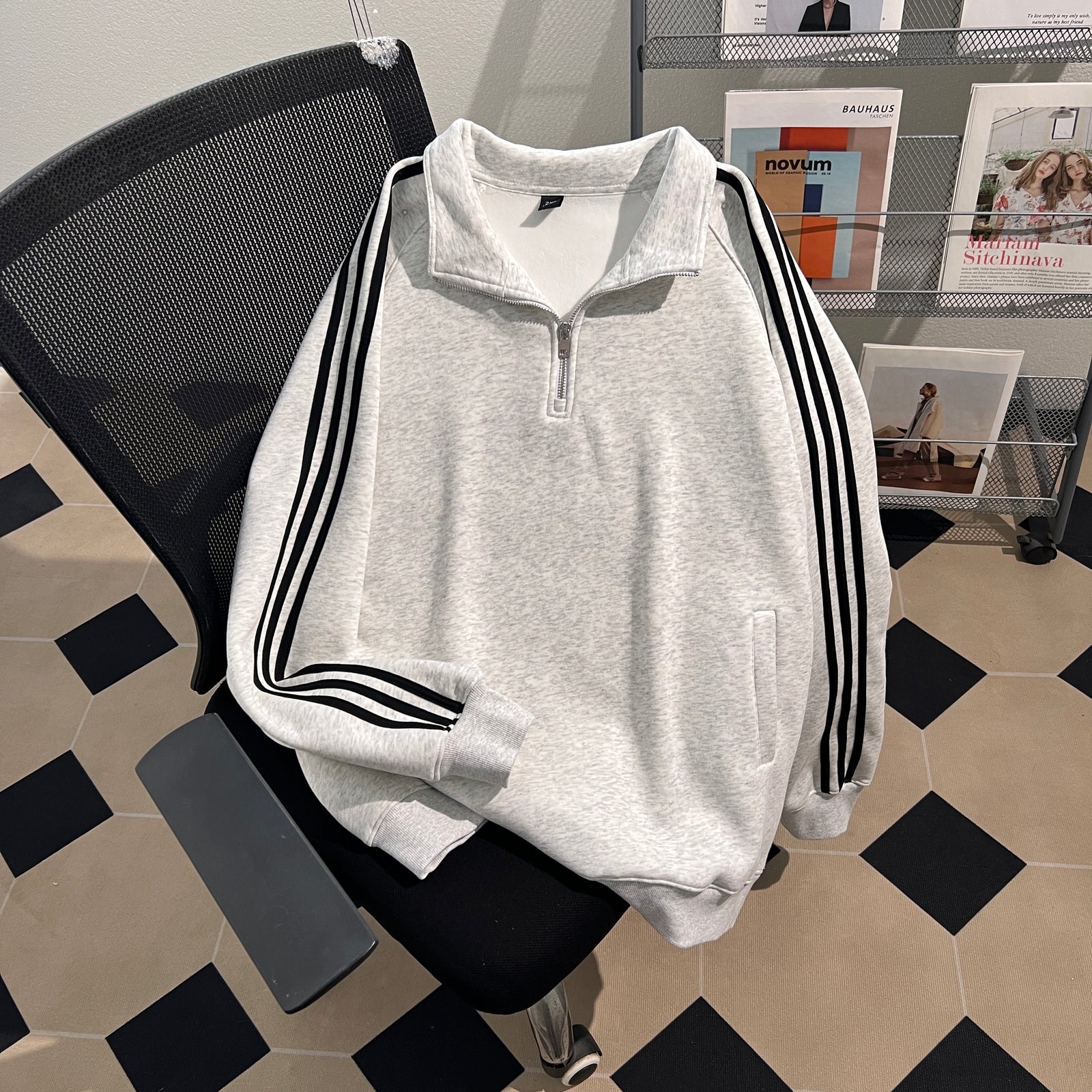 Three-Stripe Patchwork Polo Sweatshirt with Half-Zip