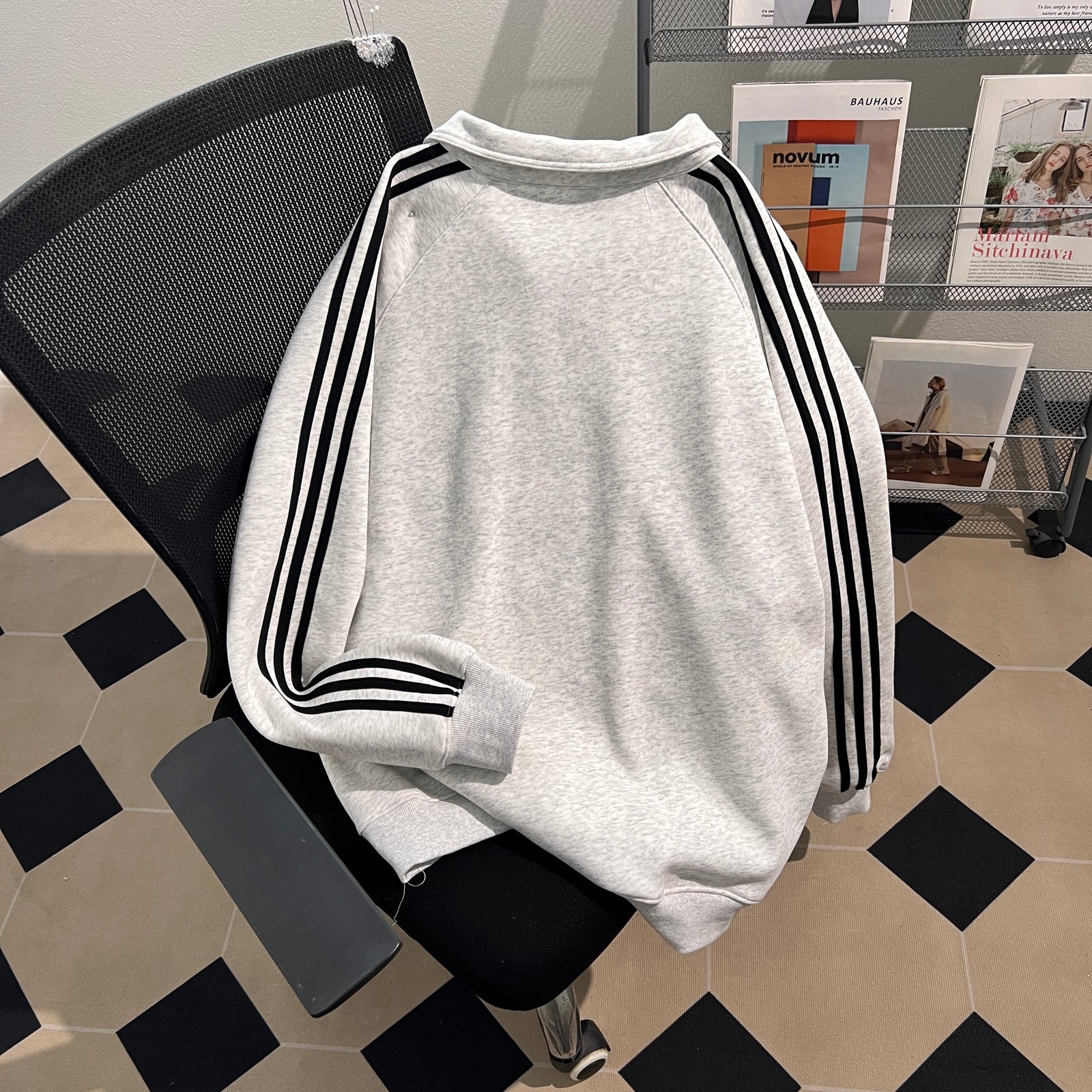 Three-Stripe Patchwork Polo Sweatshirt with Half-Zip